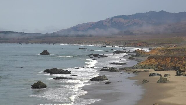 Establishing shot of the beautiful Central Coast of California along Pacific Coast Highway One near San Simeon.