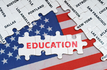 The USA flag has city name puzzles and puzzles with the inscription - Education