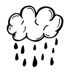 Rain cloud hand drawn vector doodle illustration. Cartoon rain cloud. Isolated on white background. Hand drawn simple element