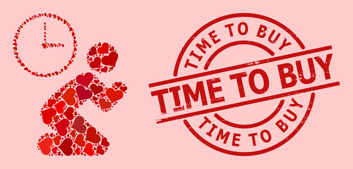 Scratched Time to Buy stamp seal, and red love heart collage for pray time. Red round stamp seal has Time to Buy tag inside circle. Pray time collage is made with red romance elements.