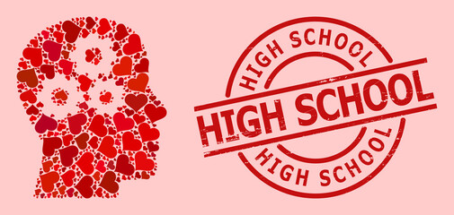 Scratched High School stamp seal, and red love heart pattern for brain gears. Red round stamp seal includes High School title inside circle. Brain gears collage is designed with red dating items.