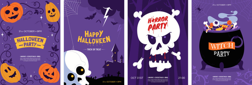 Happy Halloween greeting card collection. Halloween posters design with different scary illustrations - carved pumpkin, witch cauldron, skulls. Ideal for event invitation, social media, banner.