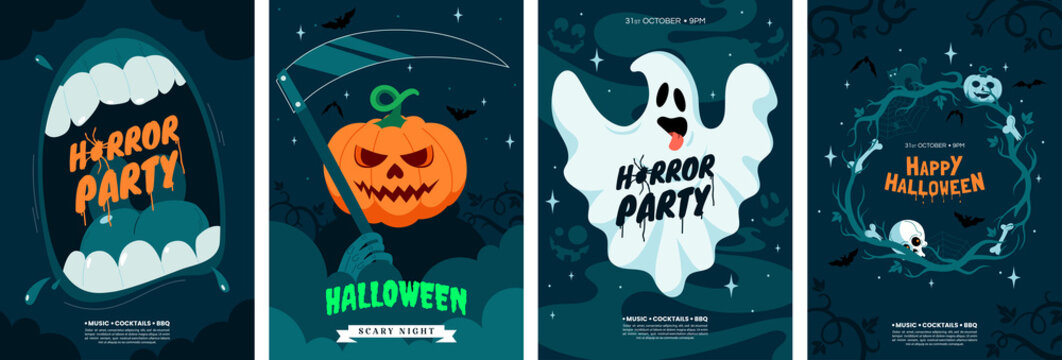 Happy Halloween greeting card collection. Halloween posters design with different scary illustrations. Ideal for event invitation, party flyer, social media post, banner. Vector eps 10