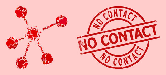 Textured No Contact stamp seal, and red love heart collage for virus network. Red round stamp seal has No Contact caption inside circle. Virus network collage is composed of red romance symbols.