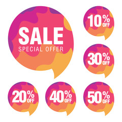 Colorful Sale tag, offer tag, shape with different discount set. 10, 20, 30, 40, 50, Sticker badge banner label vector illustration isolated on white	