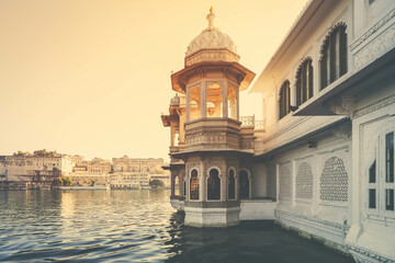 View of Udaipur and lake Pichola in early morning, Rajasthan, India