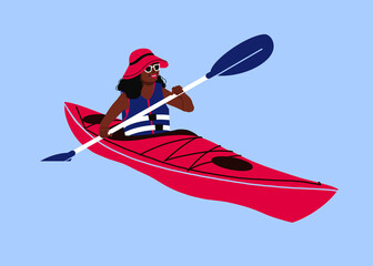 Kayaker rowing through waves. Female kayaker in sea ocean and river alone in a red kayak. Water sport and outdoor lake activity.