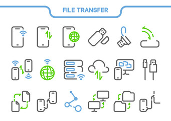 Vector icon set. File transfer collection: transfer of data, files, documents, server, internet, web, cloud storage, flash drive, usb port, computer, phone