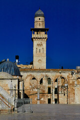 third minaret called Bab al-Silsila in Temple Mount, In 1329 the Mamluk governor of Syria ordered the construction of it, located on western border of the al-Aqsa mosque, Old City, Jerusalem. israel