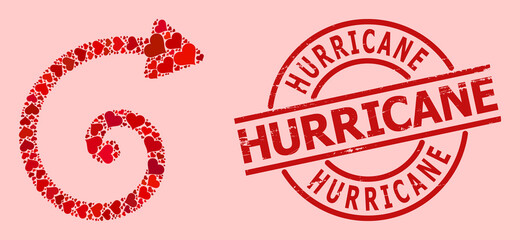 Scratched Hurricane badge, and red love heart mosaic for spiral arrow. Red round badge has Hurricane caption inside circle. Spiral arrow mosaic is constructed of red dating elements.
