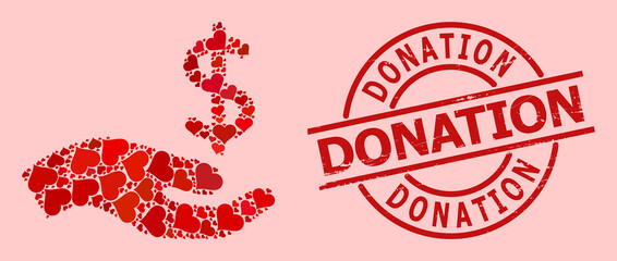 Scratched Donation stamp seal, and red love heart pattern for dollar donation hand. Red round stamp seal contains Donation text inside circle.