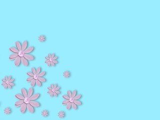 Pink flowers of fabric, canvases on pastel blue backgrounds. Minimal creative illustration of floral canvas.