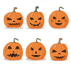 Set of six carved halloween pumpkins