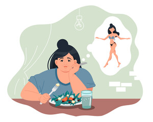 An obese sad woman eats a salad and dreams of being thin. Problems with excess weight. Weight loss, diet and a healthy lifestyle. Vector illustration