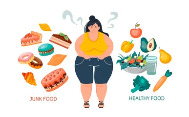 Foto op Plexiglas An obese Woman choosing between healthy and unhealthy food © lovaisme