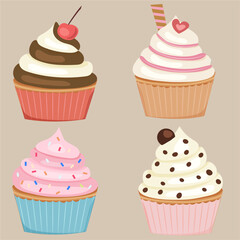 Set of four cute cupcakes 