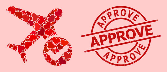 Grunge Approve stamp, and red love heart collage for accept airplane. Red round stamp includes Approve caption inside circle. Accept airplane collage is organized from red romantic icons.