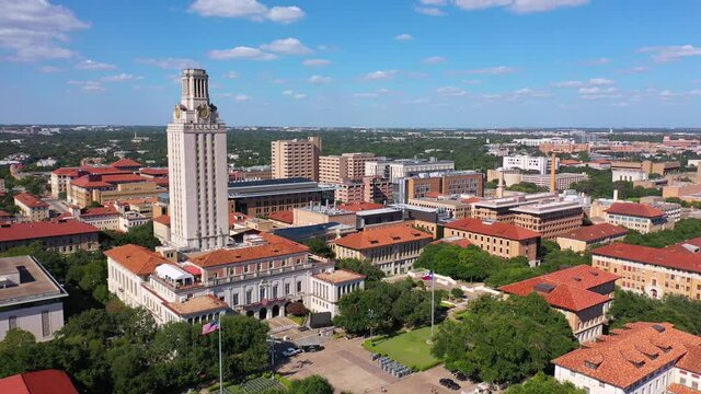 2021 - Good Aerial Over The University Of Texas Campus In Austin, Texas.