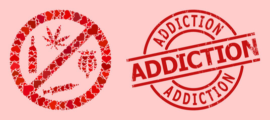 Distress Addiction badge, and red love heart mosaic for forbid addiction drugs. Red round badge has Addiction text inside circle. Forbid addiction drugs mosaic is created of red wedding symbols.