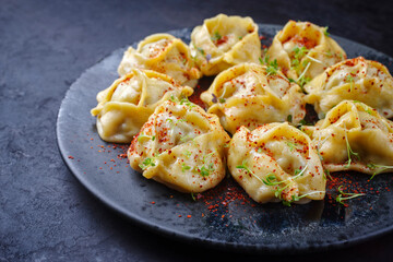 Traditional steamed Kazakh manti garnished with mincemeat and sumah served as close-up on a Nordic design plate with copy space left