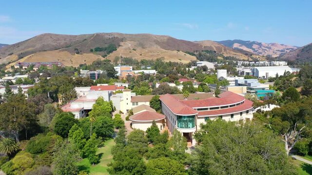 Nice aerial shot over the Cal Poly San Luis Obispo SLO college university campus in San Luis Obispo, California.
