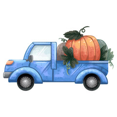 illustration of a blue truck with pumpkins in the back for the harvest autumn fair