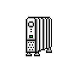 8 bit pixel art portable convection electric oil heater symbol isolated on white background. Small appliance icon. Old school vintage retro 80s, 90s 2d computer, video game, slot machine graphics.