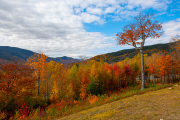 Hancock Notch Overlook on Kancamagus Highway in White Mountain National Forest in fall, Town of Lincoln, New Hampshire NH, USA.