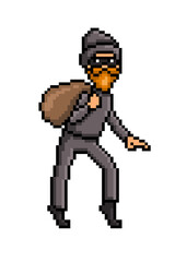Pixel art sneaking thief in a black mask and costume with a money bag isolated on white. 8 bit tiptoeing robber.Old school vintage retro 80s, 90s 2d computer, video game, slot machine graphics.