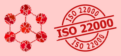 Scratched ISO 22000 stamp, and red love heart collage for blockchain nodes. Red round stamp seal contains ISO 22000 tag inside circle. Blockchain nodes collage is made with red wedding icons.