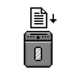 8 bit pixel art portable paper shredder with a document symbol isolated on white background. Office appliance icon. Old school vintage retro 80s, 90s 2d computer, video game, slot machine graphics.