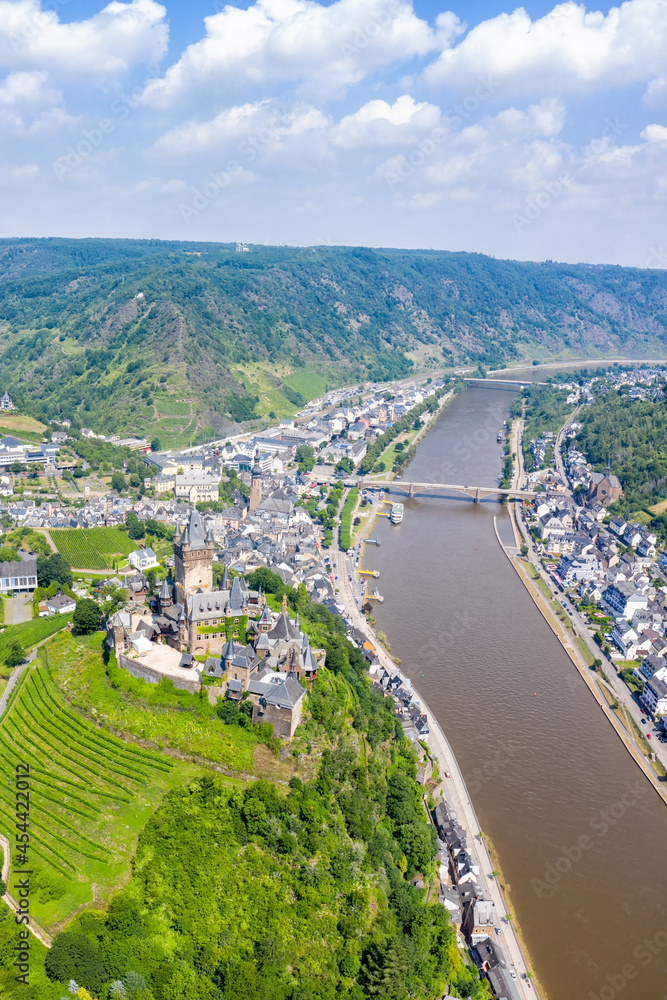 Sticker Cochem town at Moselle river Mosel with Middle Ages castle portrait format in Germany