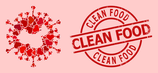 Grunge Clean Food seal, and red love heart collage for Chinese covid virus. Red round seal contains Clean Food title inside circle. Chinese covid virus collage is organized from red wedding icons.