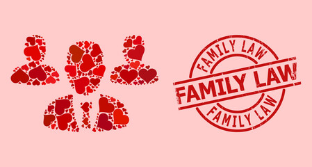 Rubber Family Law stamp seal, and red love heart mosaic for team staff. Red round stamp seal includes Family Law title inside circle. Team staff mosaic is created from red amour elements.