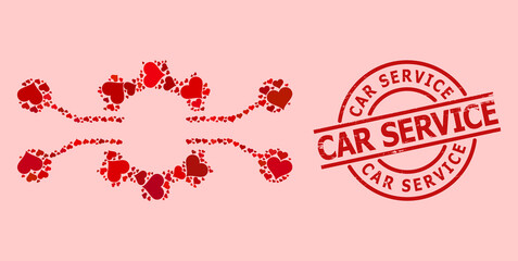 Fototapeta na wymiar Grunge Car Service stamp seal, and red love heart collage for gear electronics integration. Red round stamp seal has Car Service text inside circle.