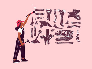 Paleontology research of dinosaur bones and fossils. Female paleontologist with brush dusting discovered bones from digging. Scientist field work researching life on earth.
