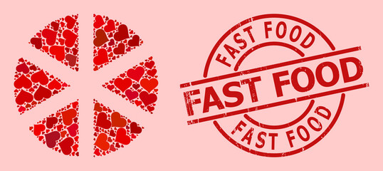 Textured Fast Food stamp seal, and red love heart mosaic for pizza. Red round stamp seal has Fast Food caption inside circle. Pizza mosaic is done of red valentine items.