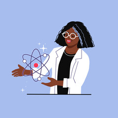 Physicist with atom. Female scientist doing research. Particles, quantum physics study. 
