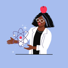 Physicist with atom and apple on head. female scientist doing research. Particles, quantum physics study. 