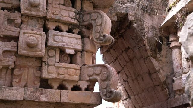 2021 - The face of Chaac, Mayan god of rain, adorns the wall of a temple in Mexico.