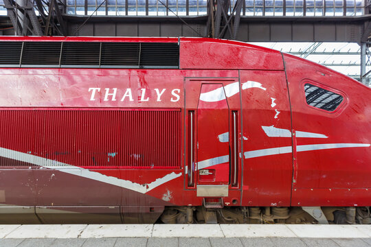 Thalys high-speed train logo at Cologne K&ouml;ln main railway station Hauptbahnhof Hbf in Germany