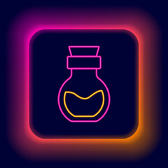 Glowing neon line Poison in bottle icon isolated on black background. Bottle of poison or poisonous chemical toxin. Colorful outline concept. Vector