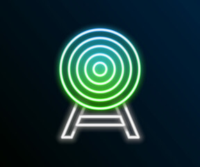 Glowing neon line Target with arrow icon isolated on black background. Dart board sign. Archery board icon. Dartboard sign. Business goal concept. Colorful outline concept. Vector