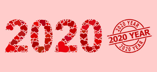 Distress 2020 Year stamp seal, and red love heart mosaic for 2020 year digits. Red round stamp seal includes 2020 Year caption inside circle.