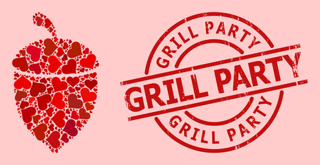 Grunge Grill Party stamp seal, and red love heart mosaic for oak acorn. Red round stamp seal includes Grill Party title inside circle. Oak acorn mosaic is created with red wedding symbols. © Sergey