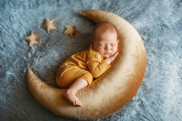 Studio portrait of a newborn baby boy wearing yellow pajama . He is sleeping on a moon shaped posing prop. Stars are laying at the blanket.