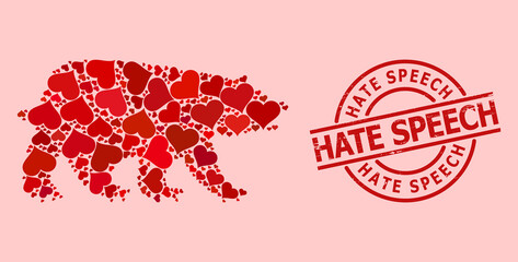 Scratched Hate Speech stamp seal, and red love heart mosaic for bear. Red round stamp seal contains Hate Speech title inside circle. Bear mosaic is created with red valentine elements.