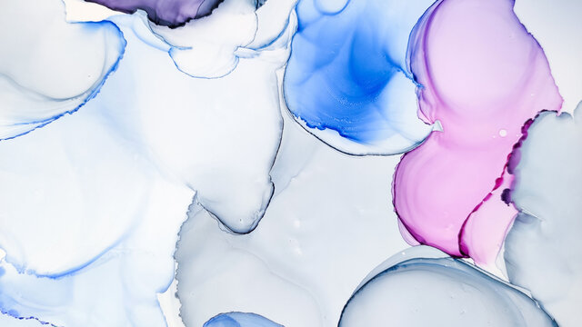 Alcohol ink. White Marble Texture. Blue Pattern.