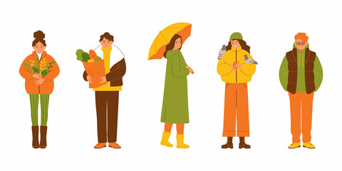 Group of young people in autumn clothes isolated on white background. Vector illustration in flat style