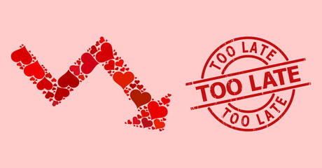 Scratched Too Late seal, and red love heart collage for recession arrow. Red round stamp seal has Too Late tag inside circle. Recession arrow collage is constructed with red romance items.